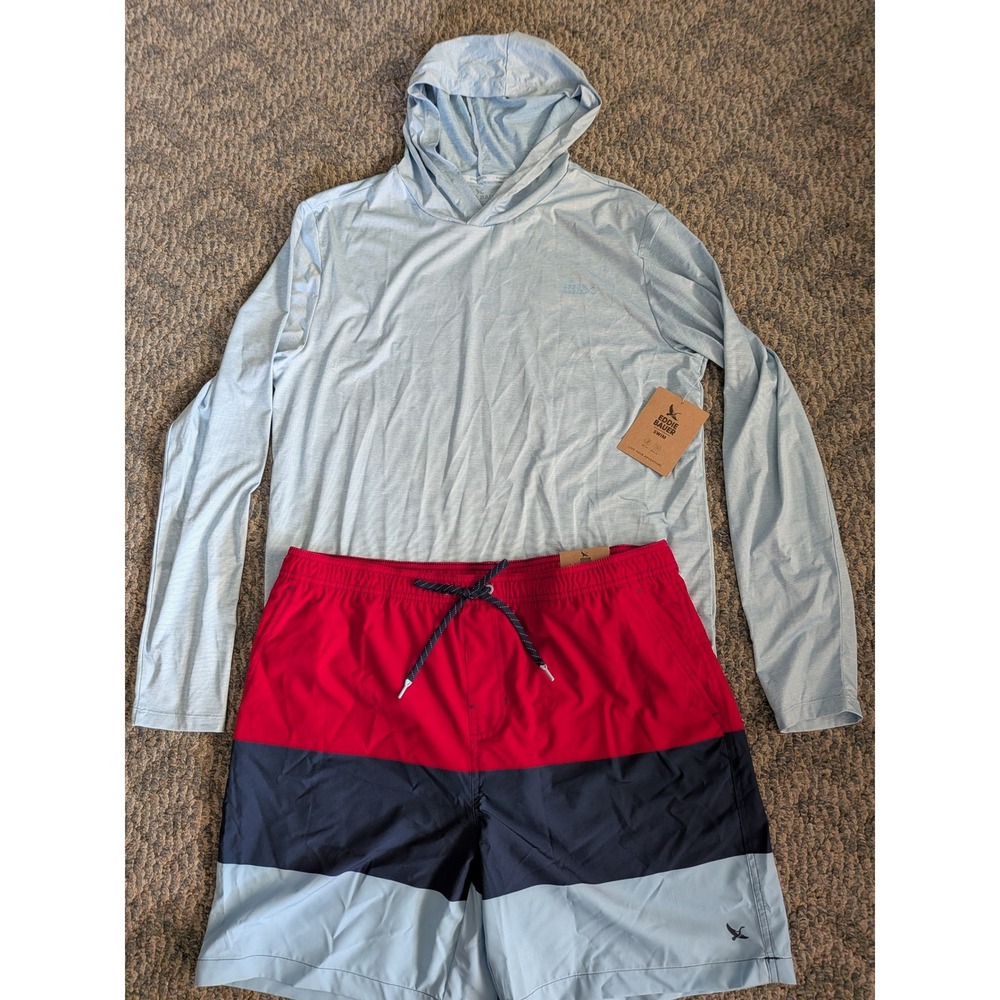 Eddie Bauer Swim Set Mens L Slate Blue Sun Hoodie Volley Trunks 7in EMX5803 NEW